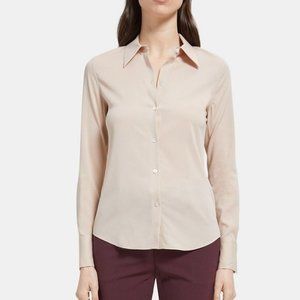 Theory Petal Pink Perfect Fitted Silk Shirt in Stretch Georgette Crepe size SP